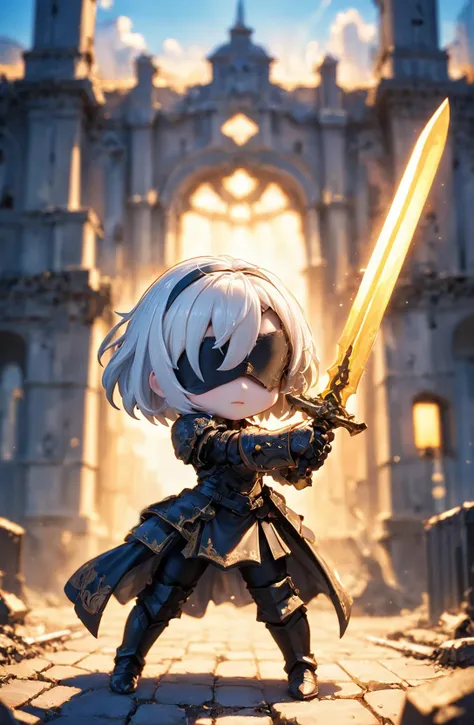 amazing quality, masterpiece, best quality, hyper detailed, ultra detailed, UHD, HDR, DOF, depth of field,
short hair, white hair, solo, wearing ornate armor, gold trim, fighting stance, , closed mouth, holding sword, glowing sword, abandoned city, old building,
<lora:XL_Chibi_Knights_-_by_HailoKnight:0.8>, Chibi Knight,
<lora:type2B_XL_0_:0.7> ,type2b, black_blindfold, black_hairband, feather-trimmed_sleeves,
<lora:d\EnvyActionShotXL01:0.8>, action shot,
<lora:add-detail-xl:0.85>,
<lora:quality1:1.0>,
<lora:extremely_detailed:1.5>, extremely detailed,