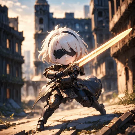 amazing quality, masterpiece, best quality, hyper detailed, ultra detailed, UHD, HDR, DOF, depth of field,
short hair, white hair, solo, wearing ornate armor, gold trim, fighting stance, , closed mouth, holding sword, glowing sword, abandoned city, old building,
<lora:XL_Chibi_Knights_-_by_HailoKnight:0.8>, Chibi Knight,
<lora:type2B_XL_0_:0.7> ,type2b, black_blindfold, black_hairband, feather-trimmed_sleeves,
<lora:d\EnvyActionShotXL01:0.8>, action shot,
<lora:add-detail-xl:0.85>,
<lora:quality1:1.0>,
<lora:extremely_detailed:1.5>, extremely detailed,