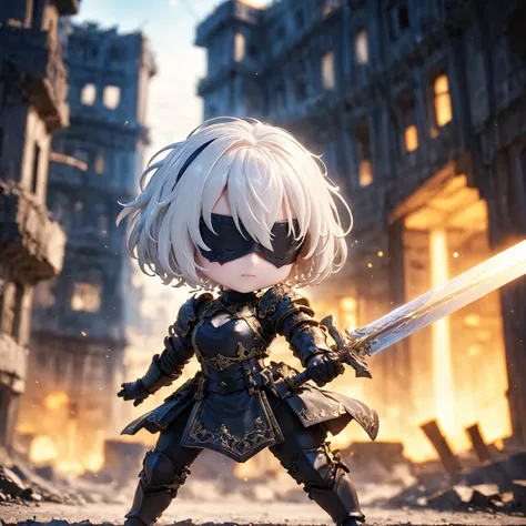 amazing quality, masterpiece, best quality, hyper detailed, ultra detailed, UHD, HDR, DOF, depth of field,
short hair, white hair, solo, wearing ornate armor, gold trim, fighting stance, , closed mouth, holding sword, glowing sword, abandoned city, old building,
<lora:XL_Chibi_Knights_-_by_HailoKnight:0.8>, Chibi Knight,
<lora:type2B_XL_0_:0.7> ,type2b, black_blindfold, black_hairband, feather-trimmed_sleeves,
<lora:d\EnvyActionShotXL01:0.8>, action shot,
<lora:add-detail-xl:0.85>,
<lora:quality1:1.0>,
<lora:extremely_detailed:1.5>, extremely detailed,