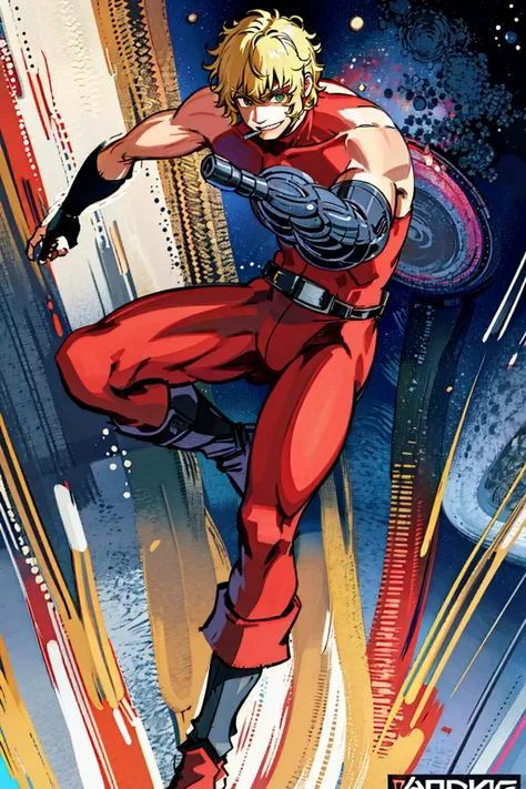 a man with ((arm cannon)), high quality, photo realistic, ((galaxy background)), <lora:cobra_V1h:0.9>, blonde hair, red uniform