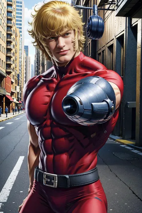a man with ((arm cannon)), high quality, photo realistic, red uniform, blonde hair, ((street background)) <lora:cobra_V1h:0.75>