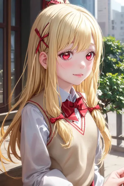 highres, sharp focus, pixiv masterpiece, ((intricate details)), highly detailed, urara_shiraishi, 1girl, upper body, blonde hair, long hair, hair ornament, bow, school uniform, sweater vest, bowtie, red eyes, upper body, x hair ornament, <lora:Urara Shiraishi:0.8>