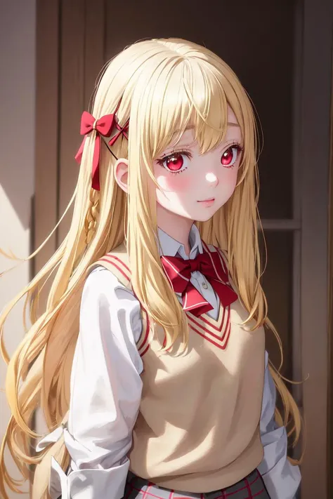 highres, sharp focus, pixiv masterpiece, ((intricate details)), highly detailed, urara_shiraishi, 1girl, upper body, blonde hair, long hair, hair ornament, bow, school uniform, sweater vest, bowtie, red eyes, upper body, x hair ornament, <lora:Urara Shiraishi:0.8>