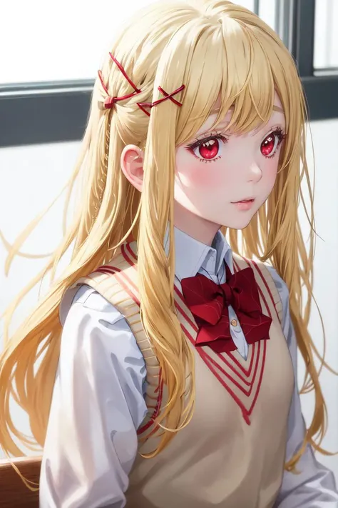 highres, sharp focus, pixiv masterpiece, ((intricate details)), highly detailed, urara_shiraishi, 1girl, upper body, blonde hair, long hair, hair ornament, bow, school uniform, sweater vest, bowtie, red eyes, upper body, x hair ornament, <lora:Urara Shiraishi:0.8>