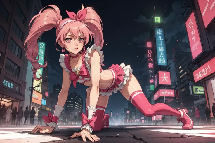 , on all fours, head up, city street, tall skyscrapers, bright neon signs, Mysterious Glow, <lora:locon_cure_melody_5:0.7> (cure melody,navel, pink hair ribbon:1.2, hairband, pink thighhighs, pink shoes, wrist cuffs, twintails, gem, frills:1.1)