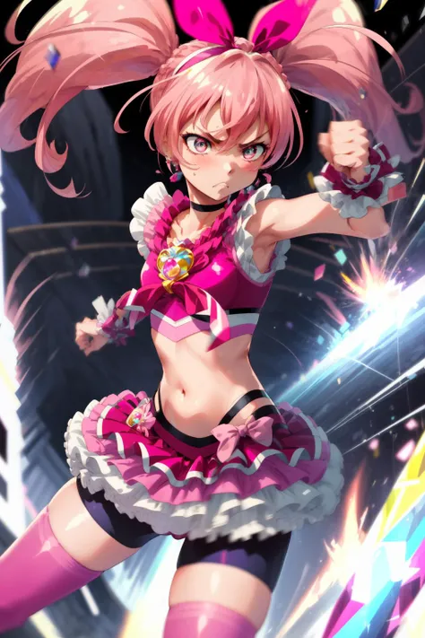 masterpiece,best quality,((SFW)),1girl,cure melody,navel,(pink hair ribbon:1.2),hairband,pink thighhighs,pink shoes,wrist cuffs,twintails,gem,frills,bike shorts,(serious,frown,angry),fighting stance,action pose,attack,punching,motion lines,motion blur,blast wave,cowboy shot,<lora:locon_cure_melody_5:0.9>,