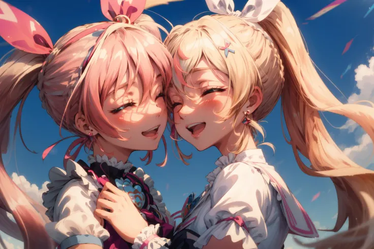 masterpiece,best quality,2girls,face-to-face,(blue sky),
AND 2girls,face-to-face,(blue sky),(1girl,cure melody,(pink hair ribbon:1.2), hairband,twintails,smile,closed eyes, open mouth,<lora:locon_cure_melody_5:0.9>),
AND 2girls,face-to-face,(blue sky),(1girl,cure rhythm,blonde hair,wide ponytail,white ribbon,smile,closed eyes, open mouth,<lora:locon_cure_rhythm_1:0.9>),