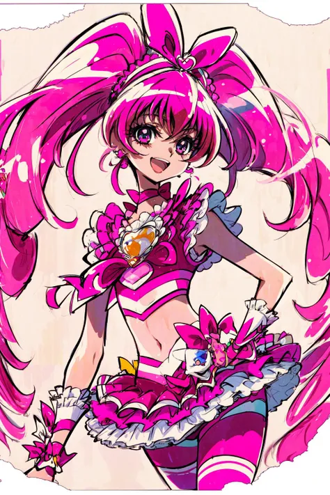 masterpiece,best quality,((SFW)),1girl,cure melody,navel,(pink hair ribbon:1.2),hairband,pink thighhighs,pink shoes,wrist cuffs,twintails,gem,frills,bike shorts,smile,open mouth,upper body,<lora:locon_cure_melody_5:0.9>,<lora:KamikitaV2:0.8>,