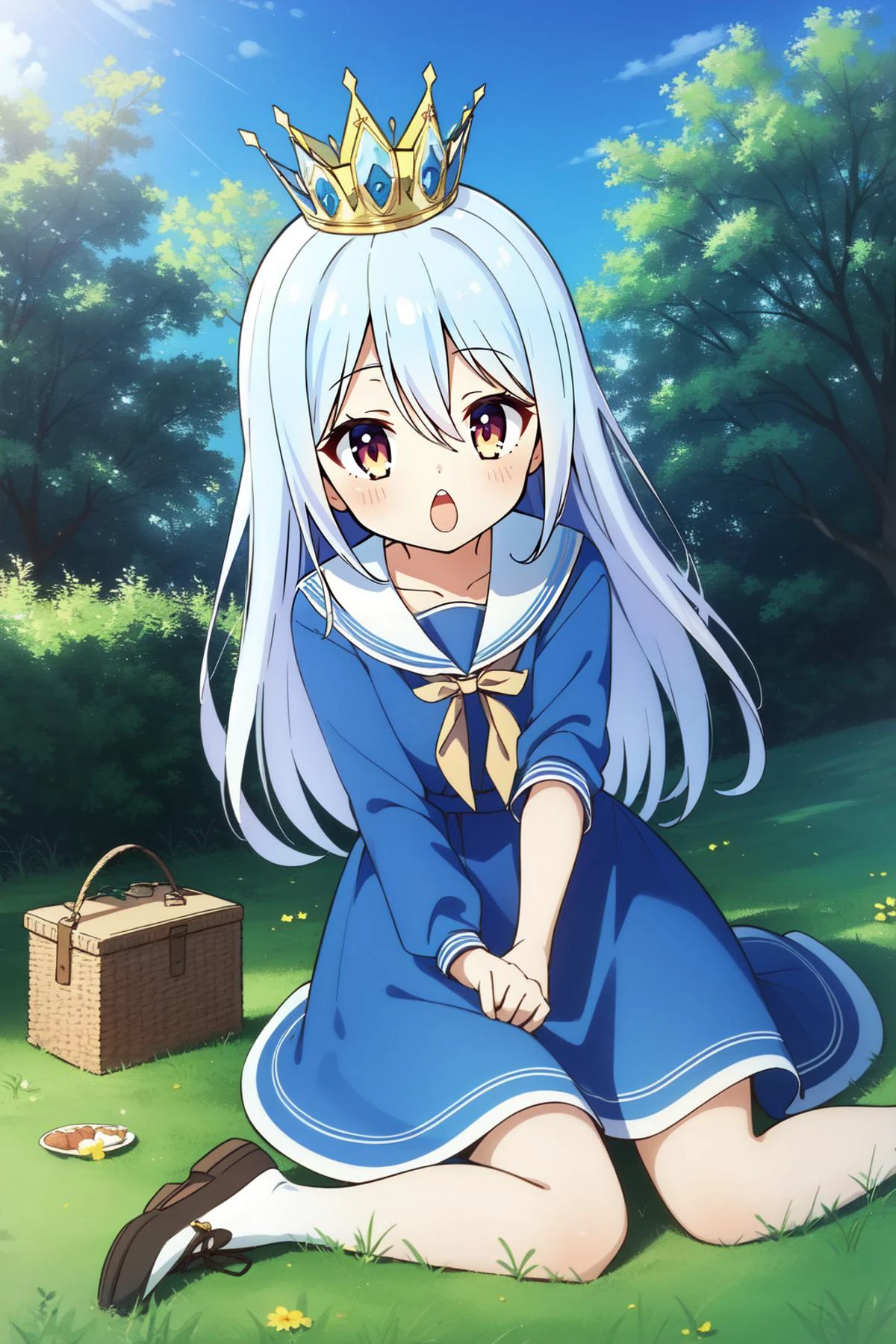 (masterpiece, best quality), intricate details,
1girl, <lora:ShiroNGNL:0.8> ShiroNGNL, white hair, crown, blue dress, ribbon,
outdoors, picnic, grass, tree, happy, <lora:talkmouth_O_v100:1> open mouth