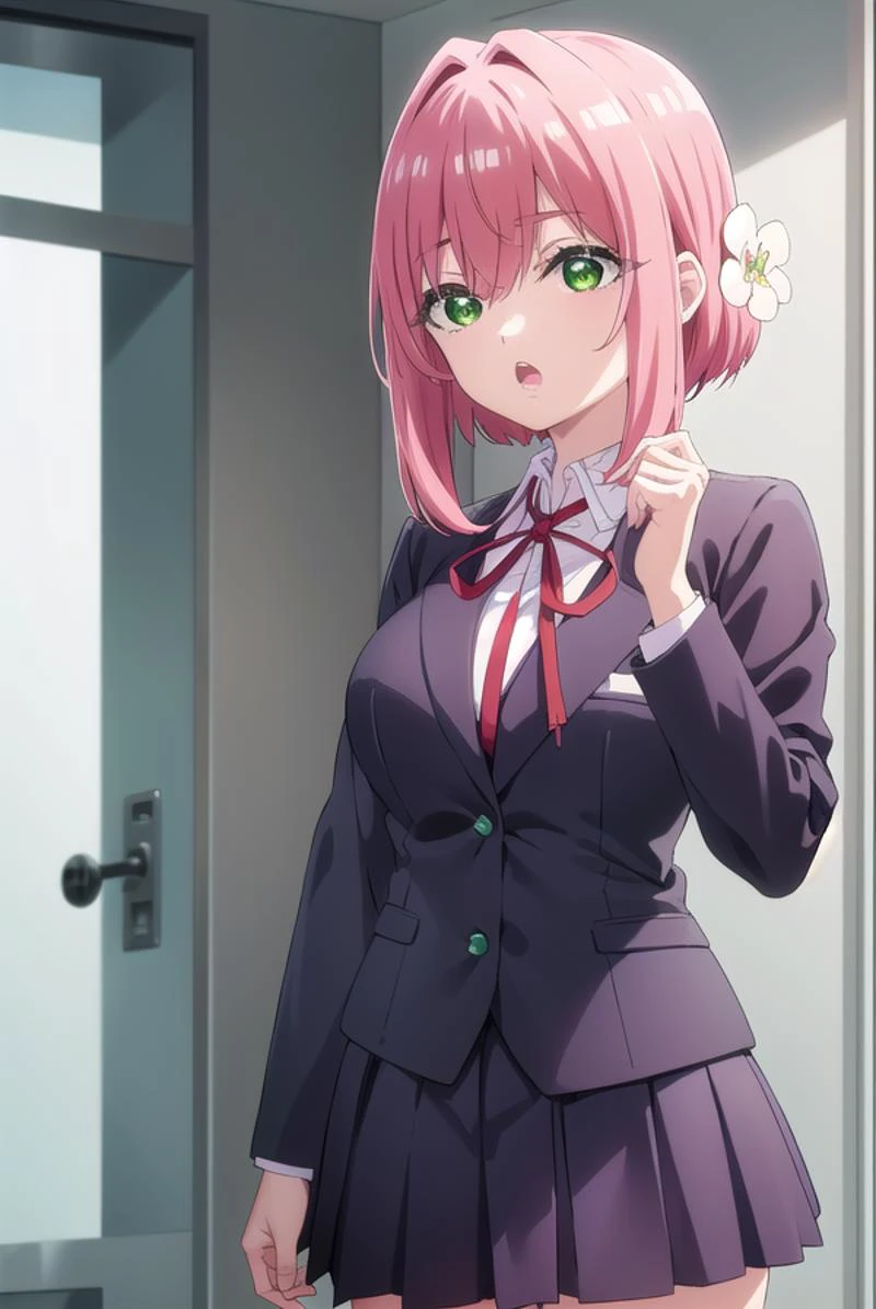 hakarihanazono, <lora:hakarihanazono-lora-nochekaiser:0.8>,
hakari hanazono, short hair, hair ornament, (green eyes:1.5), pink hair, flower, hair flower, hair between eyes, sidelocks, <lora:talkmouth_O_v100:1>, open mouth,
BREAK skirt, shirt, ribbon, school uniform, blazer, white shirt, pleated skirt, collared shirt, black skirt, red ribbon, neck ribbon,
BREAK looking at viewer,
BREAK indoors, classroom, (cowboy shot:1.5),
BREAK <lyco:GoodHands-beta2:1>, (masterpiece:1.2), best quality, high resolution, unity 8k wallpaper, (illustration:0.8), (beautiful detailed eyes:1.6), extremely detailed face, perfect lighting, extremely detailed CG, (perfect hands, perfect anatomy),