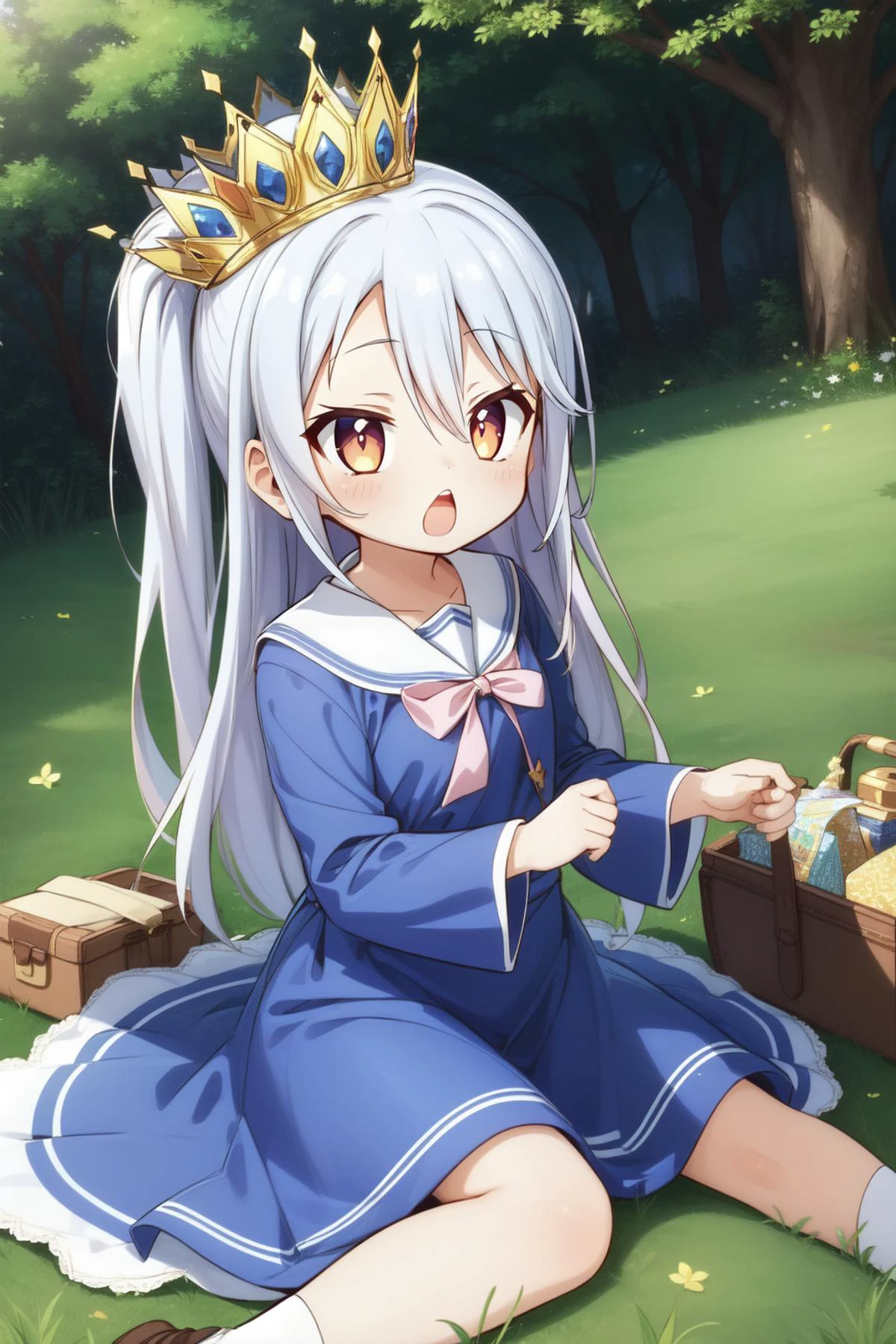 (masterpiece, best quality), intricate details,
1girl, <lora:ShiroNGNL:0.8> ShiroNGNL, white hair, crown, blue dress, ribbon,
outdoors, picnic, grass, tree, happy, <lora:talkmouth_O_v100:1> open mouth