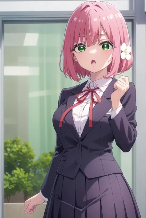 hakarihanazono, <lora:hakarihanazono-lora-nochekaiser:0.8>,
hakari hanazono, short hair, hair ornament, (green eyes:1.5), pink hair, flower, hair flower, hair between eyes, sidelocks, <lora:talkmouth_O_v100:1>, open mouth,
BREAK skirt, shirt, ribbon, school uniform, blazer, white shirt, pleated skirt, collared shirt, black skirt, red ribbon, neck ribbon, 
BREAK looking at viewer,
BREAK indoors, classroom, (cowboy shot:1.5),
BREAK <lyco:GoodHands-beta2:1>, (masterpiece:1.2), best quality, high resolution, unity 8k wallpaper, (illustration:0.8), (beautiful detailed eyes:1.6), extremely detailed face, perfect lighting, extremely detailed CG, (perfect hands, perfect anatomy),