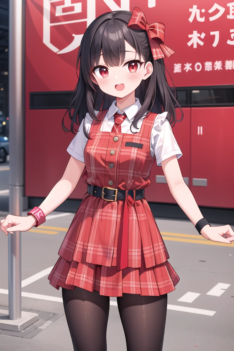 <lora:talkmouth_O_type1_v200:1>
insanely detailed, absurdres, ultra-highres, ultra-detailed, best quality,
1girl, solo, nice hands, perfect hands
BREAK
(Enchant:1.4), (red theme:1.5), ((red plaid pattern, tone on tone):1.4), (idol uniform:1.2), (fusion of sleeveless (red plaid pattern) vest and red sundress:1.4), (red tie:1.4), ((red plaid pattern) multi-layered skirt with ruffles:1.3), ((red:1.3) platform HIGH boots:1.1), (red plaid pattern ribbon on head:1.3)
BREAK
(short sleeve white collared-shirt dress layering:1.2), (black pantyhose:1.2), (belt:1.3), (wristband:1.3), (naked skin:-1), (black vest:-1), (white vest:-1), (black skirt:-1), (white skirt:-1), (cleavage:-1.5)
BREAK
smile, open mouth
BREAK
(45 angle:-1.5), (from side:-1.5),
standing, cowboy shot, looking at viewer
BREAK
slender, kawaii, perfect symmetrical face, ultra cute girl, ultra cute face, ultra detailed eyes, ultra detailed hair, ultra cute, ultra beautiful
BREAK
in schoolyard, depth of field, ultra detailed background
BREAK
medium large breasts
BREAK
black hair, red eyes, cornrows,