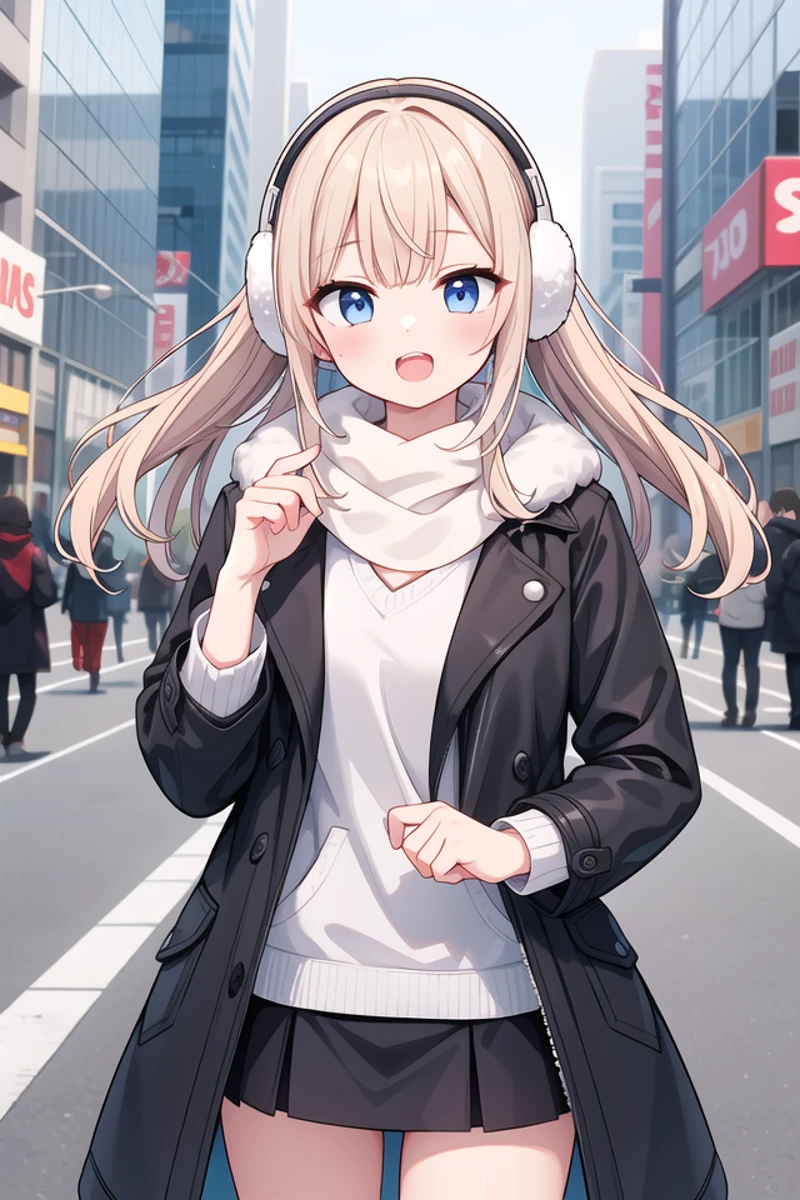 <lora:talkmouth_O_type1_v200:1>
insanely detailed, absurdres, ultra-highres, ultra-detailed, best quality,
1girl, solo, nice hands, perfect hands
BREAK
(wearing a black coat over a white tank top:1.3), (open coat:1.3), (tight leather black mini skirt:1.3), (floating scarf:1.2), (Nordic patterned winter scarf:1.3), ((Covers both ears with fluffy white fur, fluffy Earmuff):1.3), (heeled boots:1.2),
(See-through:-1), (white coat:-1), (black tank top:-1), (tank:-1), (navel:-1)
BREAK
(nsfw:-1.5)
BREAK
smile, open mouth
BREAK
(45 angle:-1.5), (from side:-1.5),
standing, cowboy shot, looking at viewer
BREAK
slender, kawaii, perfect symmetrical face, ultra cute girl, ultra cute face, ultra detailed eyes, ultra detailed hair, ultra cute, ultra beautiful
BREAK
in street, cityscape in akihabara, depth of field, ultra detailed background
BREAK
medium large breasts
BREAK
blonde hair, blue eyes, crochet braids,