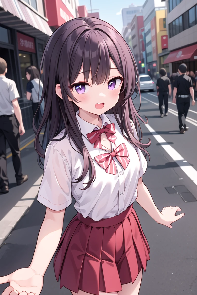 <lora:talkmouth_O_type1_v200:1>
insanely detailed, absurdres, ultra-highres, ultra-detailed, best quality,
1girl, solo, nice hands, perfect hands
BREAK
summer school uniform, (plain dark red skirt with many pleats:1.4), (striped red bowtie:1.3), short sleeves, white shirt, shirt with white button, shirt_tucked_in
BREAK
(breast pocket, vest, blazor, long sleeves, checked skirt, striped skirt, striped shirt, striped sleeves, bra visible through clothes, skirt with frill:-1)
BREAK
(nsfw:-1.5)
BREAK
smile, open mouth
BREAK
from above,
standing, cowboy shot, looking at viewer
BREAK
slender, kawaii, perfect symmetrical face, ultra cute girl, ultra cute face, ultra detailed eyes, ultra detailed hair, ultra cute, ultra beautiful
BREAK
in street, cityscape in harajuku, depth of field, ultra detailed background
BREAK
medium breasts
BREAK
purple hair, purple eyes, messy hair,