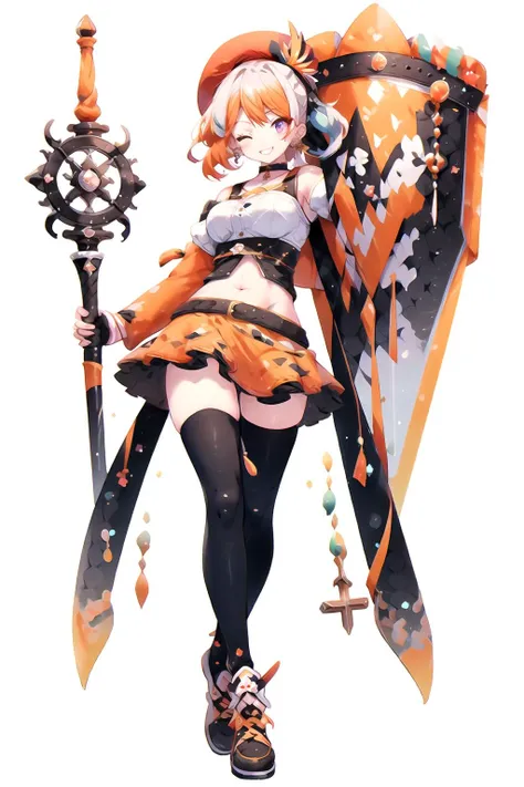 <lora:colorful:1>, 1girl, takanashi kiara, virtual youtuber, solo, hat, orange hair, one eye closed, thighhighs, skirt, white thighhighs, holding, smile, feathers, detached sleeves, multicolored hair, feather earrings, full body, breasts, shield, navel, orange headwear, chef hat, miniskirt, white background, shoes, looking at viewer, medium breasts, sneakers, beret, jewelry, holding shield, purple eyes, black footwear, midriff, earrings, orange skirt, gradient hair, belt, weapon, sword, simple background, long hair, bangs, gloves, standing, holding sword, choker, holding weapon, arm up, black gloves, watson cross, shirt, crossed legs, zettai ryouiki, white headwear