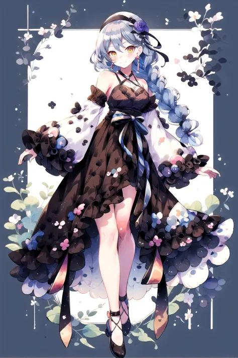 <lora:colorful:1>, 1girl, solo, dress, virtual youtuber, long hair, flower, full body, white background, black dress, detached sleeves, blue flower, hair ornament, blue rose, looking at viewer, criss-cross halter, rose, blue hair, hair flower, black footwear, smile, halterneck, hair between eyes, simple background, braid, ribbon, see-through, sleeves past wrists, hairband, breasts, frills, jewelry, wide sleeves, bow, yellow eyes, standing, bare shoulders, long sleeves, brown eyes, bangs, closed mouth, black sleeves, blush, earrings, black ribbon, halter dress, straight-on