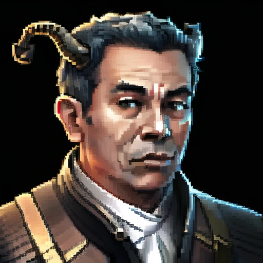 , (masterpiece:1.3), ((best_quality)), (absurdres), 1boy, portrait, simple_background, black_background, <lora:starsector portraits original:0.6> , horns