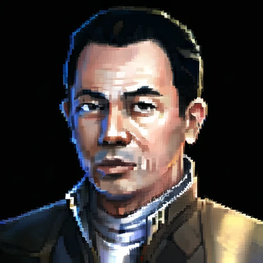 , (masterpiece:1.3), ((best_quality)), (absurdres), 1boy, portrait, simple_background, black_background, <lora:starsector portraits original:0.7>