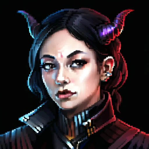 , (masterpiece:1.3), ((best_quality)), (absurdres), 1girl, portrait, simple_background, black_background, <lora:starsector portraits original:0.6> , demon_girl, horns