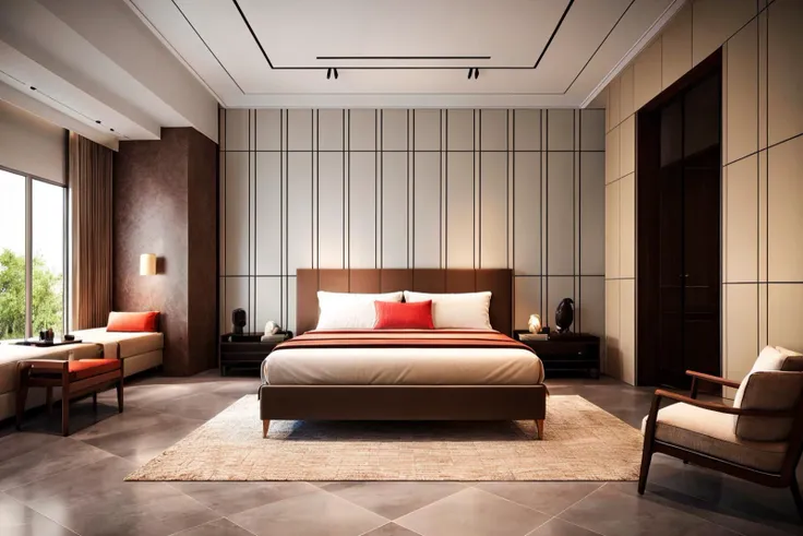 interior design,bed room,Chinese style,no humans,scenery,indoors,window,chair,tree,lamp,pillow,bed,table,couch,curtains,ceiling light,tiles,tile floor,door,ceiling,<lora:ä¸­å¼å§å®¤-2:0.6>,