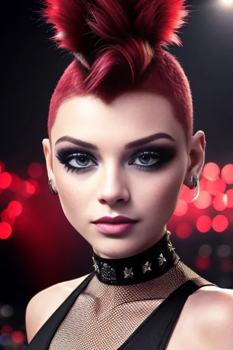 impelling 22yo <lora:Queenbarb:0.95> Queenbarb, QBRoc, (barefoot, feet), red mohawk, red eyes, make up, spiked bracelet, fishnet pantyhose, shorts, piercing, shirt, belt, full body, rock concert stage, Leaning back, hands behind the head, at Congratulations BREAK ((photorealistic), realistic face, medium breasts), beautifully detailed woman, realistic face, detailed mouth, extremely detailed eyes_and_face, beautiful attractive face, beautiful detailed eyes, pronounced feminine feature, matte eyeshadow, eyelashes, eyeliner, perfect body, smooth skin BREAK color HD photo, FC6310 Camera, (full body, high quality photo, masterpiece), HDR, 8K resolution, analogue RAW DSLR, best quality, absurdres, vivid vibrant colors, skin pores, intricate detail, (intricately detailed face_and_eyes), realistic human hands, sophisticated detail, (realistic lighting, sharp focus), centerfold, bokeh, official art, 8k wallpaper, ultra high res, professional photography