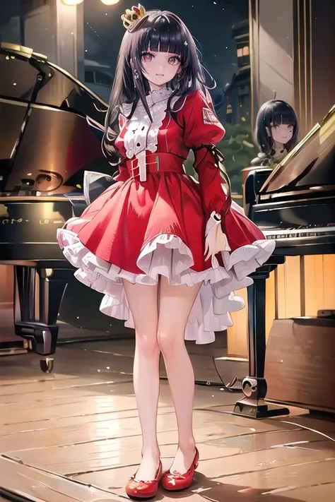 long hair, black hair, (blunt bangs:1.5), (grand piano behind), 
(solo:1.3), (best quality),[masterpiece],BLACK HAIR,(CROWN), FULL BODY, ((beautiful:0.75) cute girl:0.75), concert, hall, super star, musician, princess, stage, BIG_EYES, (asian:1.3),
(red:1.4)_dress, disney princess, (BARE LEGS), 
confident SMILE, <lora:Disney_Princess:0.62>, (red:1.5)_flatshoes, standing microphone, <lora:flatshoes-v19:1> ,