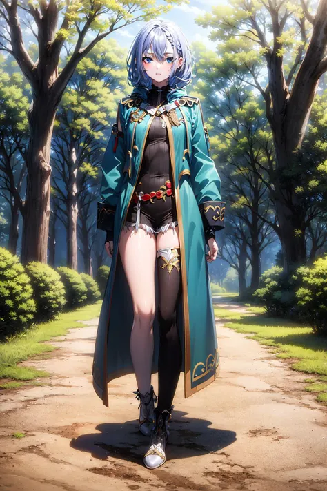 luna <lora:luna:0.9> , full body, silver hair, loose braid, beautiful face, blue eyes, forest background, (masterpiece:1.2), best quality, absurdres, extremely detailed wallpaper, perfect lighting, sunlight,