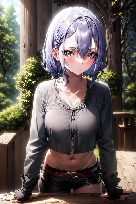 luna <lora:luna:0.9> , black shorts, silver hair, loose braid, beautiful face, forest background, (masterpiece:1.2), best quality, absurdres, extremely detailed wallpaper, perfect lighting, sunlight,