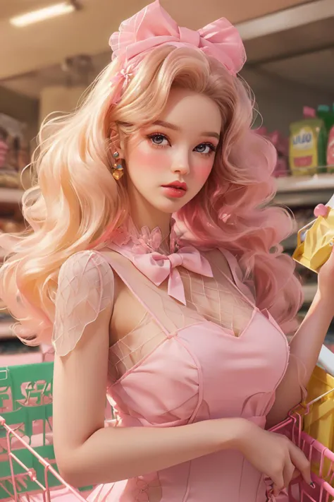 shallow focus,establishing wide shot,1 girl, solo, cute face, (blush,shy:1.3),long eyelashes, (light yellow long soft waves hair:1.2), (huge-pink-bow headdress:1.3),<lora:cartoon_portrait_v2:0.2> cartoon_portrait, <lora:Immerse yourself:0.2>
BEAK (The Mesh Overlay Dress: Wearing a dress with a delicate mesh overlay, adding an element of allure to her ensemble:1.2), playful dynamic pose,
BEAK (Inside a 1950s Supermarket: Lit aisles, colorful packaging, shopping carts:1.5),
<lora:duobaba_20230801001042:0.8>(style of Barbie pink,Barbie yellow,Barbie blue),<lora:FilmVelvia3:0.3> <lora:Lemon Summer:0.3><lora:FujichromeSensia100:0.5>
(photorealistic:1.6),(best quality, masterpiece, intricate detail), highly detailed, depth of field, nature lights, <lyco:GoodHands-beta2:1.0>
