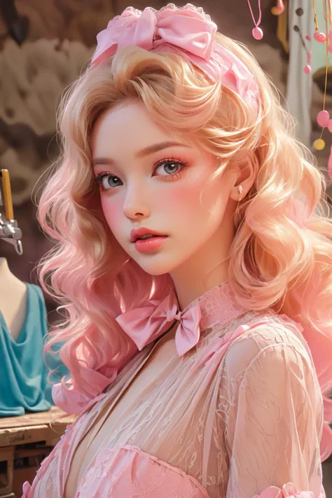 shallow focus,establishing wide shot,1 girl, solo, cute face, (blush,shy:1.3),long eyelashes, (light yellow long soft waves hair:1.2), (huge-pink-bow headdress:1.3),<lora:cartoon_portrait_v2:0.2> cartoon_portrait, <lora:Immerse yourself:0.2>
BEAK (The Sheer Lace Romper: Embracing a playful romper made of sheer lace, creating a captivating and flirty look:1.2), playful dynamic pose,
BEAK (Inside a 1950s Tailor Shop: Colorful fabrics, humming sewing machines, customers:1.5),
<lora:duobaba_20230801001042:0.8>(style of Barbie pink,Barbie yellow,Barbie blue),<lora:FilmVelvia3:0.3> <lora:Lemon Summer:0.3><lora:FujichromeSensia100:0.5>
(photorealistic:1.6),(best quality, masterpiece, intricate detail), highly detailed, depth of field, nature lights, <lyco:GoodHands-beta2:1.0>