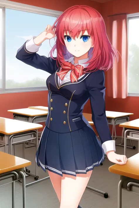 1girl, red hair, blue eyes, small breasts, medium hair, school uniform, classroom,, masterpiece, best quality,