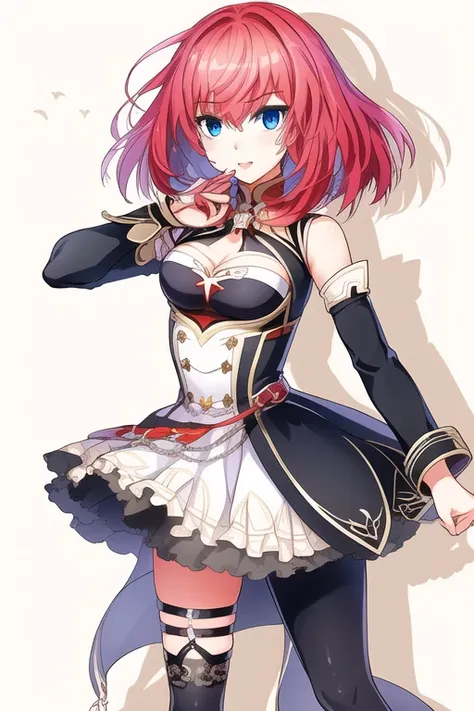 1girl, red hair, blue eyes, small breasts, medium hair, detached sleeves, long sleeves,, masterpiece, best quality,
