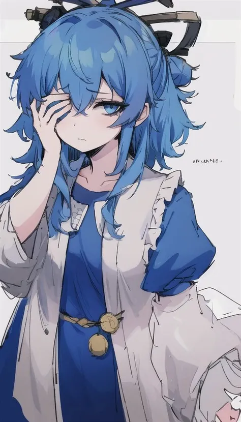 1 girl, standing, (kaku seiga), blue hair, disappointed, hand covers face, beautiful eyes, <lora:KakuSeiga-10:0.7> <lora:concept_facepalm-10:0.7> <lora:estheticMazaStyle_mazev1c:0.6> <lora:black-souls-5:0.3> <lora:child-drawing:0.4> <lora:jaggy_lines_noise_taged-000012:0.5>