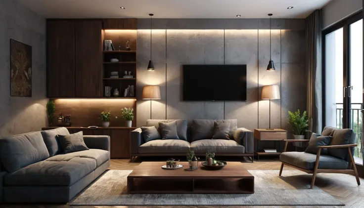 3d render apartment living room interior, modern furniture, photorealistic,