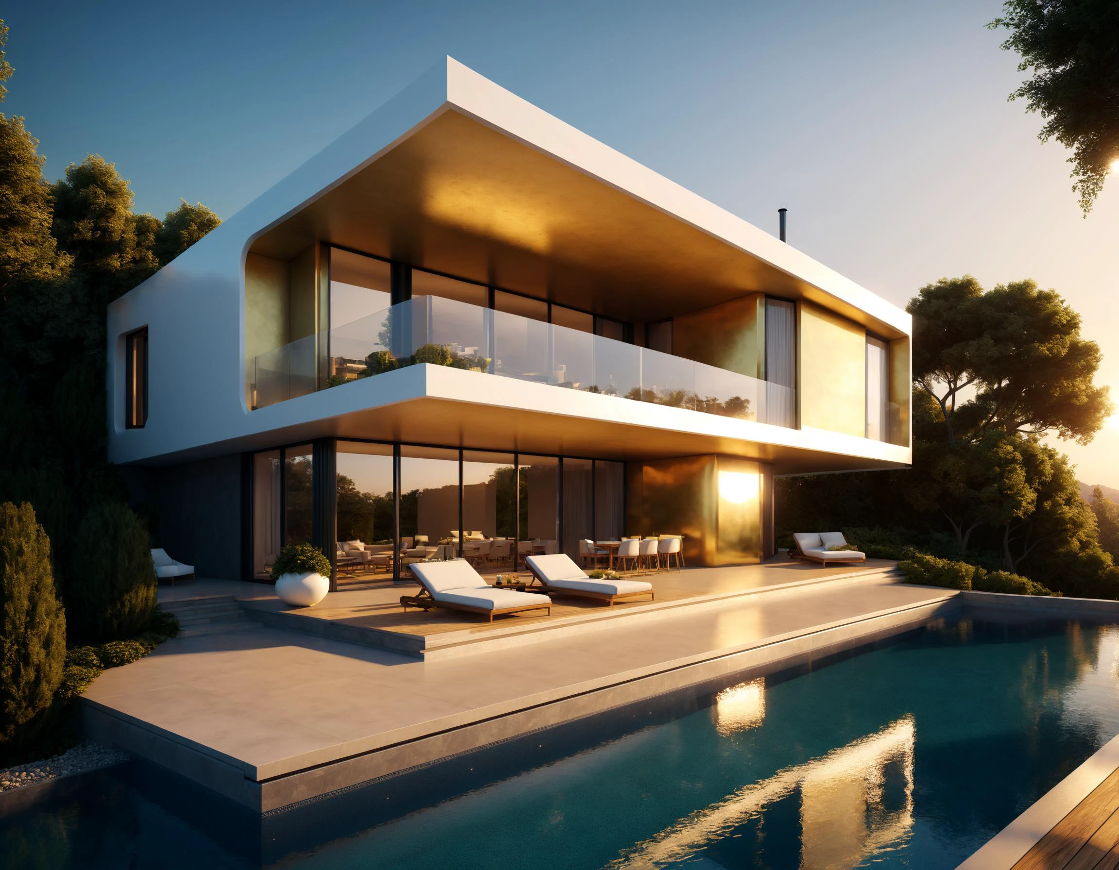 3d render of a modern futuristic villa, balcony, pool, summer, golden hour