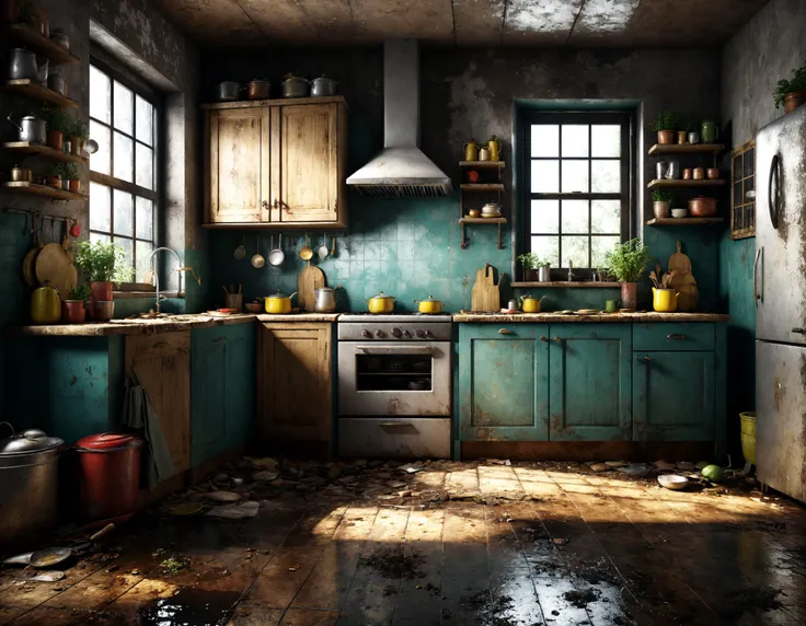 3d render of a small dirty and messy kitchen