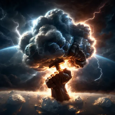 (3d render), A gigantic, ethereal cloud shaped like a clenched fist, holding a colossal hammer mid-swing towards Earth, immense energy radiating from the point of impact, brilliant lightning arcing from the hammer to the planet, dramatic contrast between the dark, stormy cloud and the bright, glowing aura of the hammer, the Earth below viewed from space, showing continents and oceans in realistic detail, the atmosphere of the planet shimmering with a mixture of fear and awe, the scene encapsulated in a moment of suspenseful anticipation, a cosmic battle between the forces of nature and the world itself, rendered in hyper-realistic detail, with a focus on dynamic lighting and atmospheric effects to convey a sense of power and movement