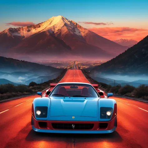 blue ferrari f40 racing car,cloud,mountain,no humans,red sky,reflection,road,scenery,sky,sun,sunset,cinematic lighting,