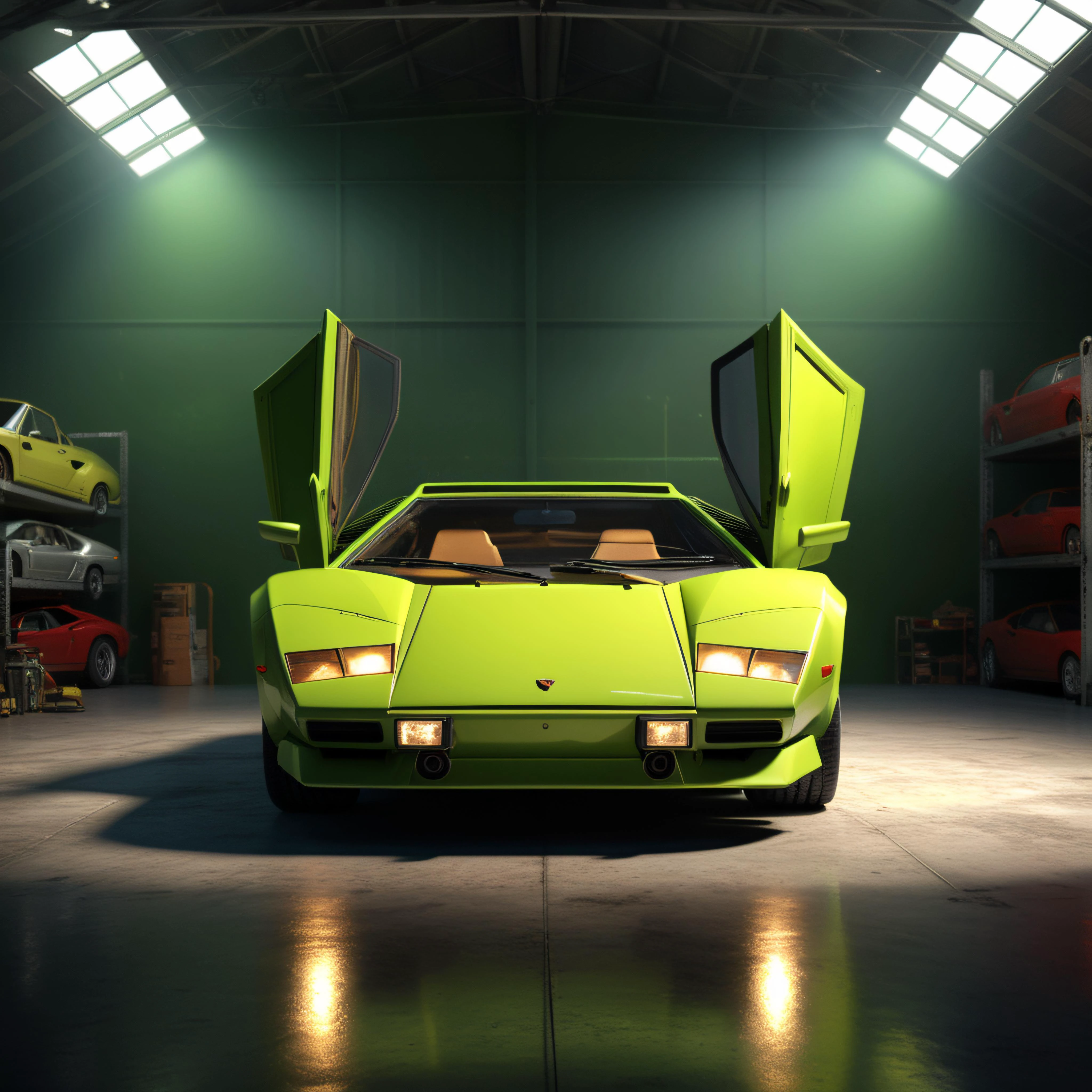 3d model,1vehicle lime green 1987 lamborghini countach,inside an aircraft hanger,overhead lights,ultra realistic,extreme realism,ambiet occlusion,cinematic lighting,