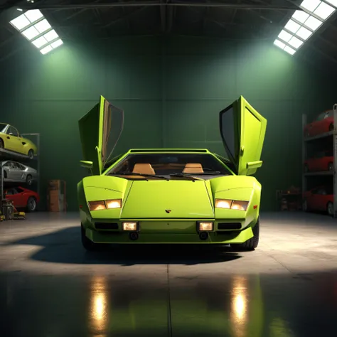 3d model,1vehicle lime green 1987 lamborghini countach,inside an aircraft hanger,overhead lights,ultra realistic,extreme realism,ambiet occlusion,cinematic lighting,