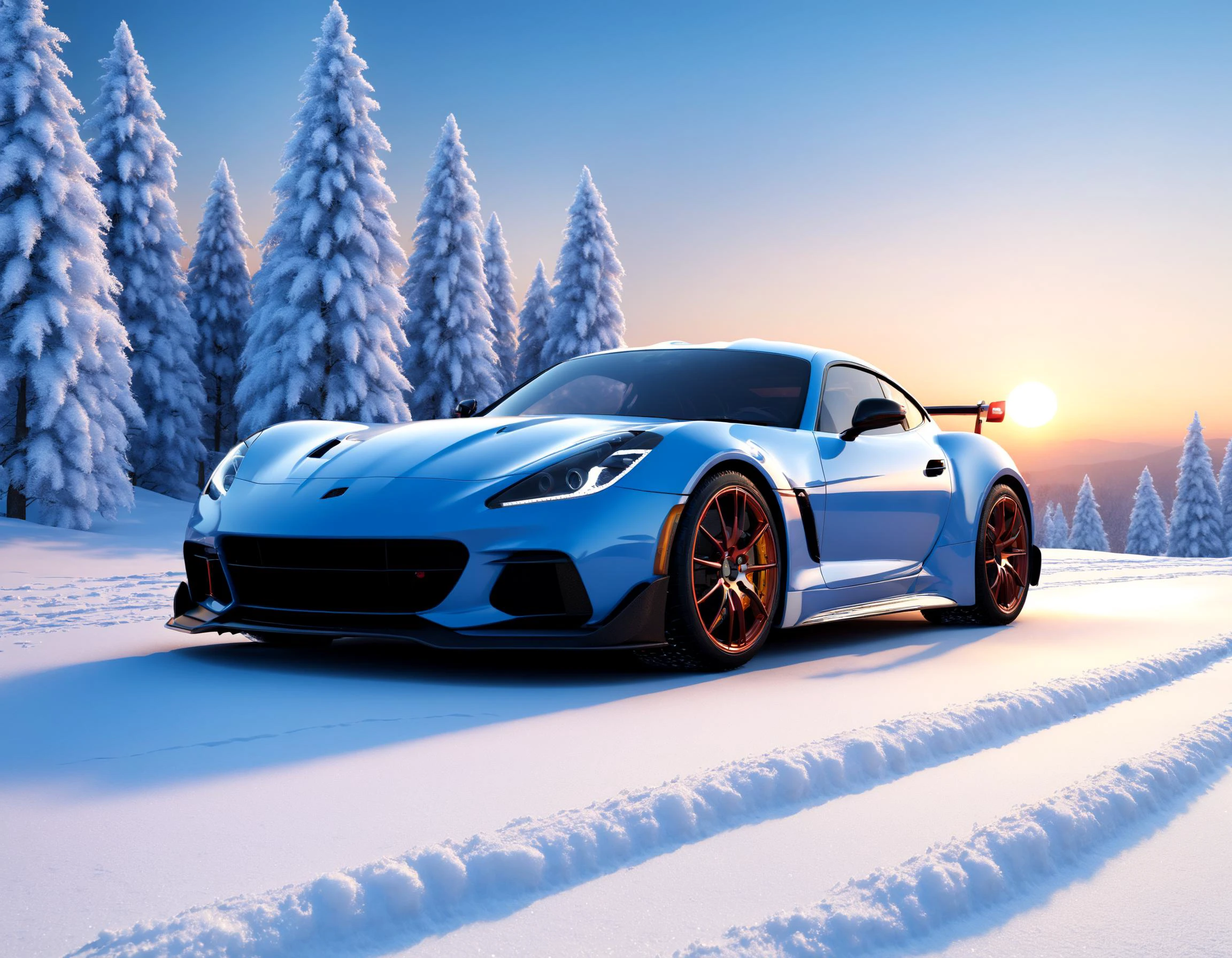 3d render of a modern sportscar, winter, snow, dawn