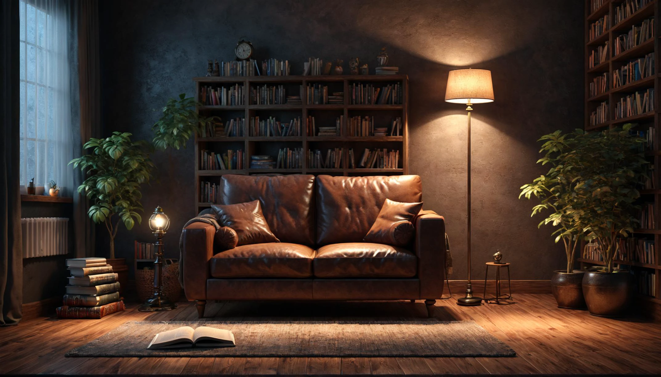 3d render small cozy living room, leather sofa, lamp, wooden floor, books, at night <lora:sd_xl_offset_example-lora_1.0:1>
