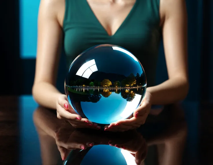 3d render of a glass ball reflecting a woman holding the glass ball