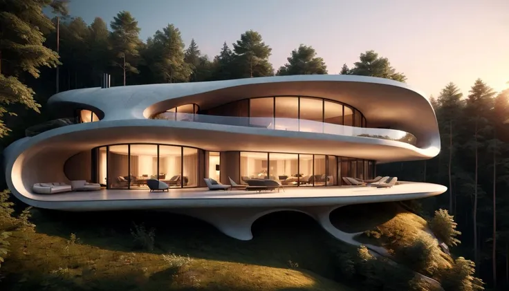 3d render luxurious villa in the woods, terrace, overhang, dynamic, organic, nurbs curve, Zaha Hadid, sunset, dim light