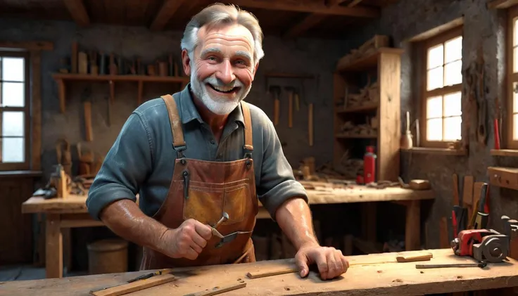 3d render old carpenter working in workshop smile