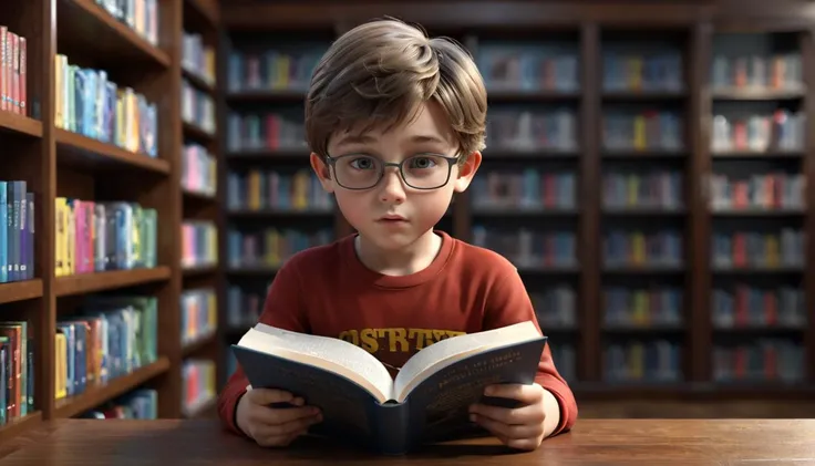 3d render boy reading in library photorealistic