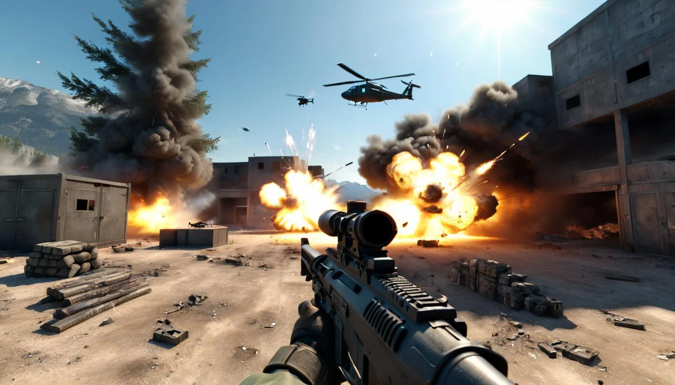 3d render first person shooter game graphic, rifle gun firing, explosion, helicopter,
