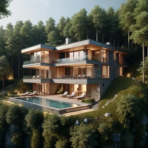 3d render luxurious villa in the woods