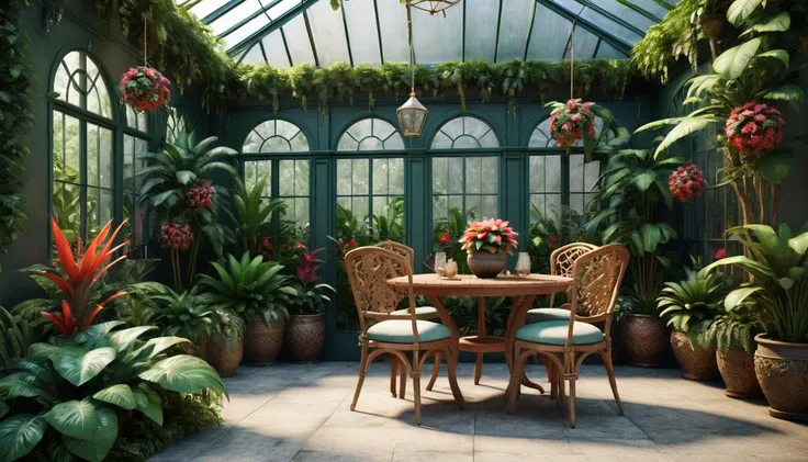 3d render tropical garden court yard, greenhouse, table, chair, cozy, intricate decorations